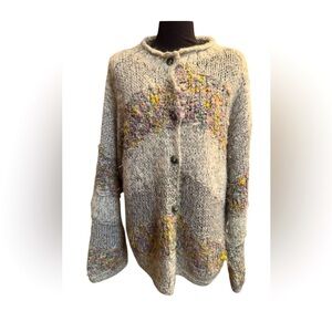 HANDMADE ANGORA WOOL MOHAIR Button Up Knit Cardigan Sweater Women's Gray Floral